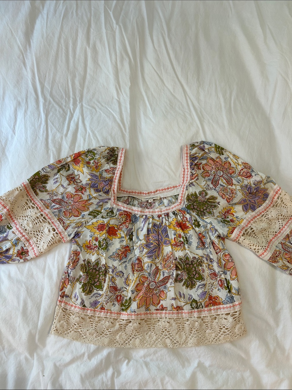 Christian Siriano White Floral Lace-Trim Peasant Top